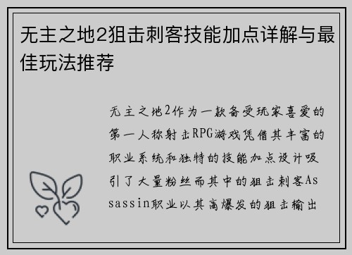 无主之地2狙击刺客技能加点详解与最佳玩法推荐