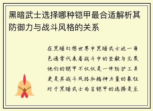 黑暗武士选择哪种铠甲最合适解析其防御力与战斗风格的关系